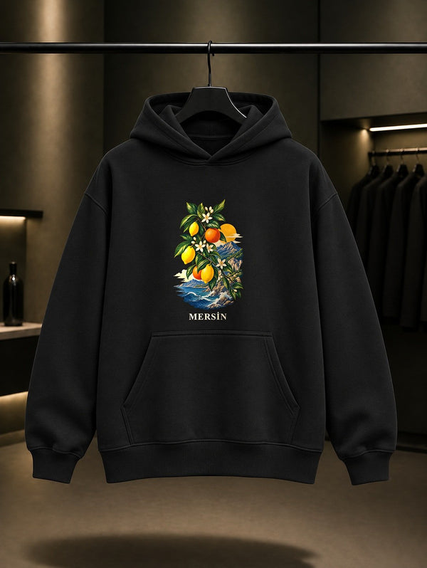 Mersin Narenciye baskılı siyah kapüşonlu sweatshirt