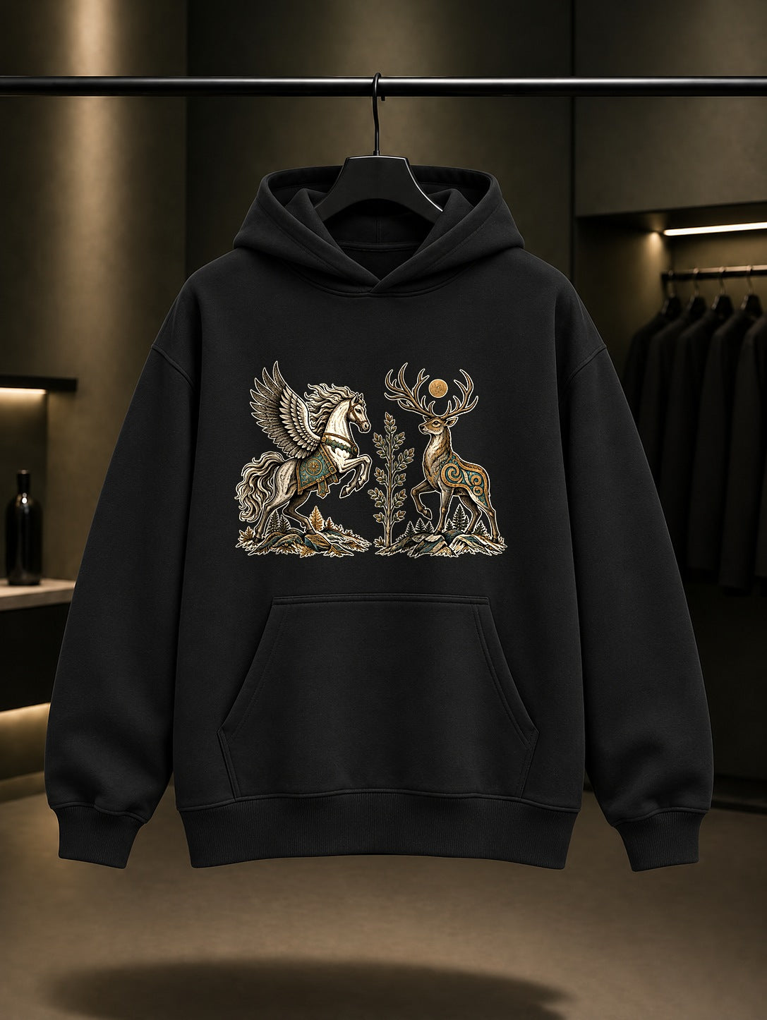 Tulpar ve Geyik Baskılı Unisex %100 Pamuk Kapüşonlu Sweatshirt · Türk Mitolojisi
