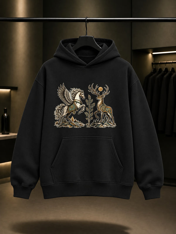 Tulpar ve Geyik Baskılı Unisex %100 Pamuk Kapüşonlu Sweatshirt · Türk Mitolojisi