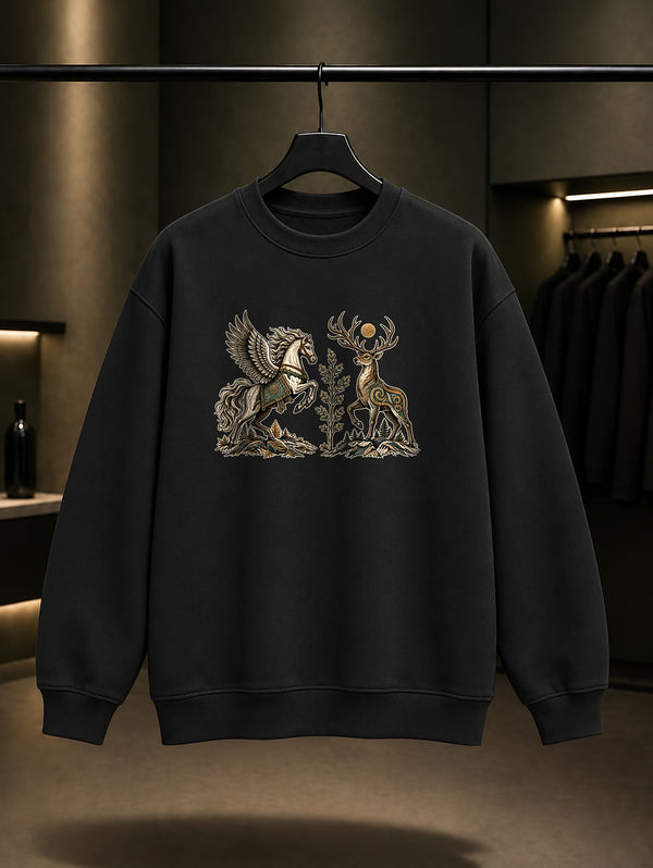 Tulpar ve Geyik Baskılı Unisex %100 Pamuk Sweatshirt · Türk Mitolojisi