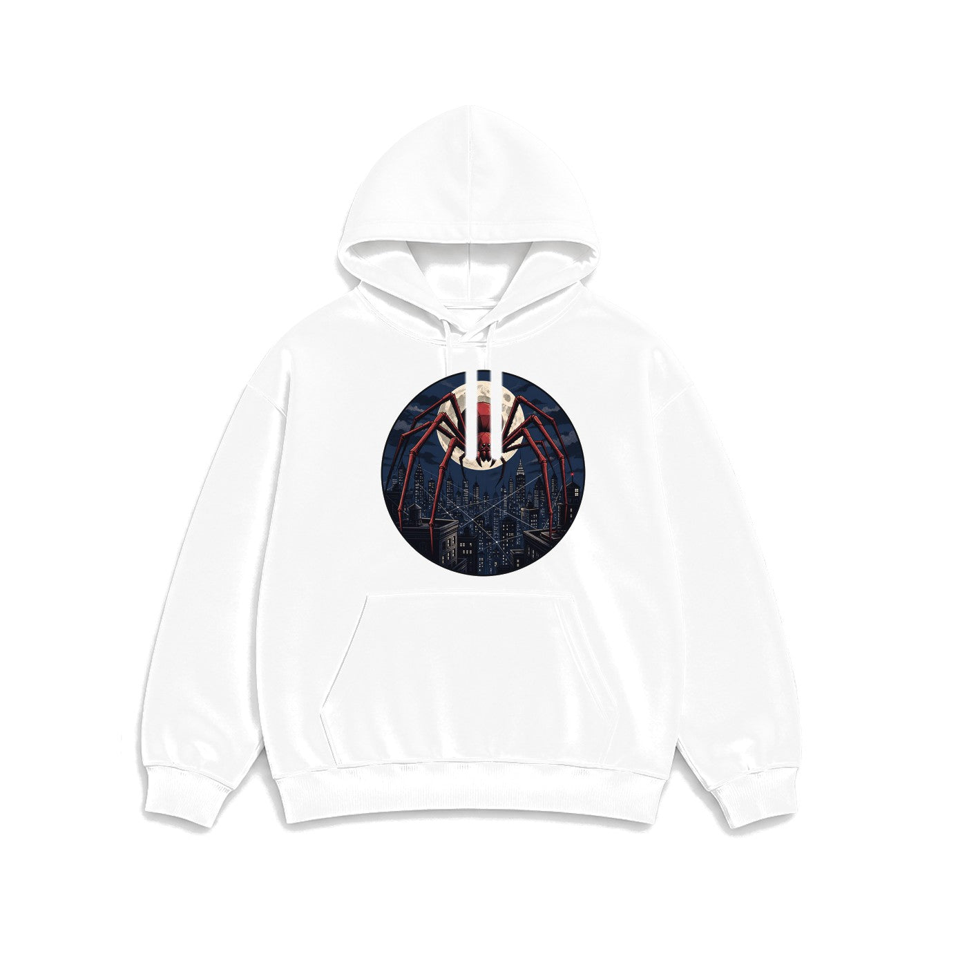 Ay ve Şehir Örümceği baskılı beyaz kapüşonlu sweatshirt