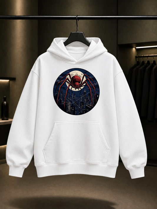 Ay ve Şehir Örümceği baskılı beyaz kapüşonlu sweatshirt