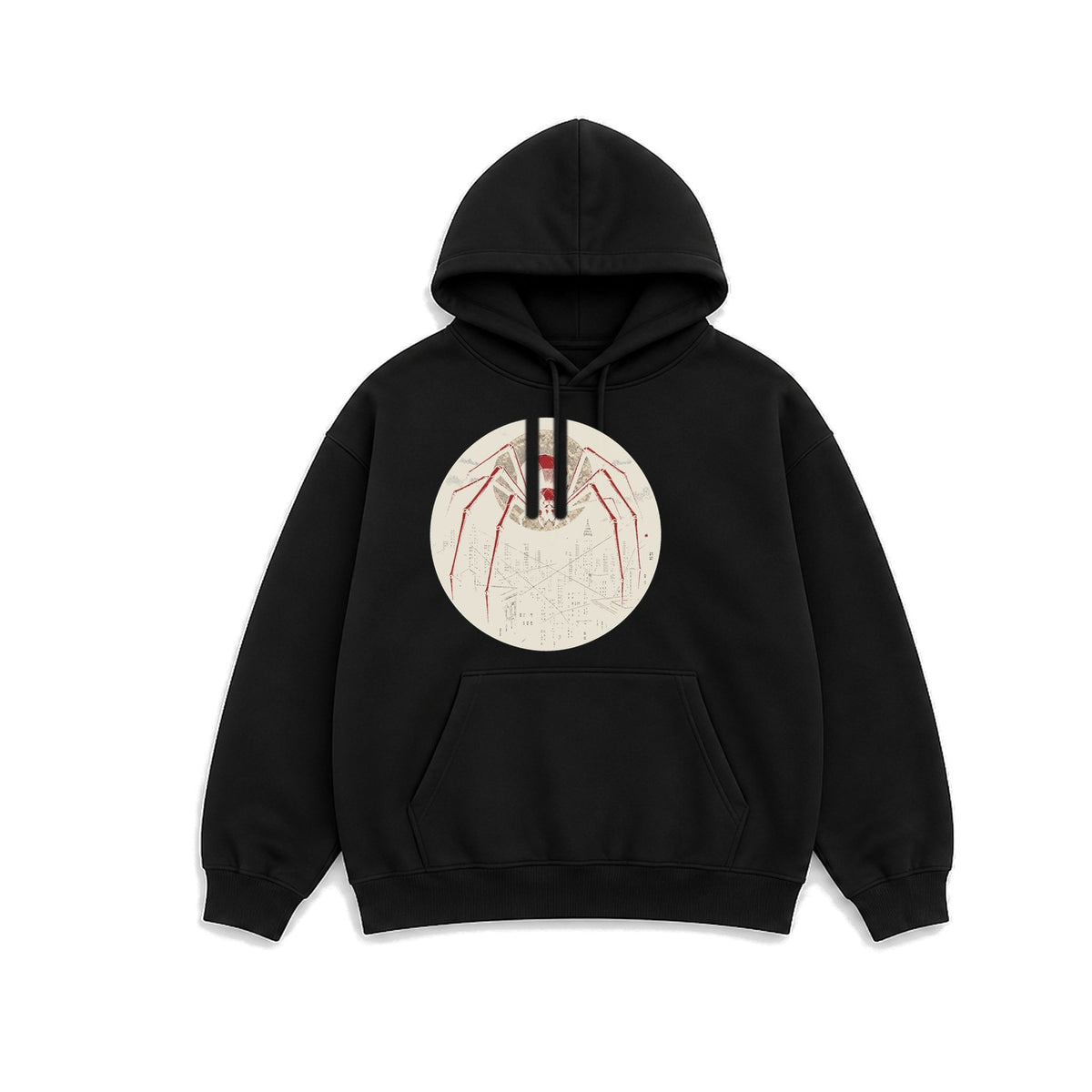 Ay ve Şehir Örümceği baskılı siyah kapüşonlu sweatshirt