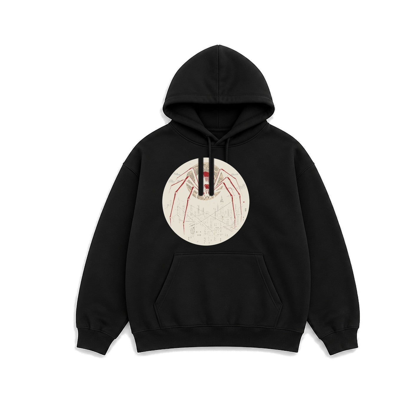 Ay ve Şehir Örümceği baskılı siyah kapüşonlu sweatshirt