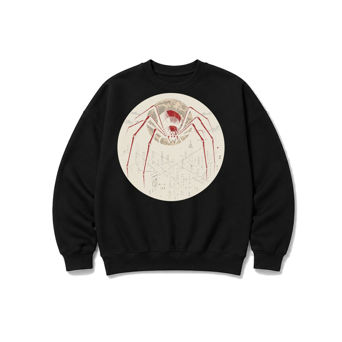 Ay ve Şehir Örümceği baskılı siyah sweatshirt