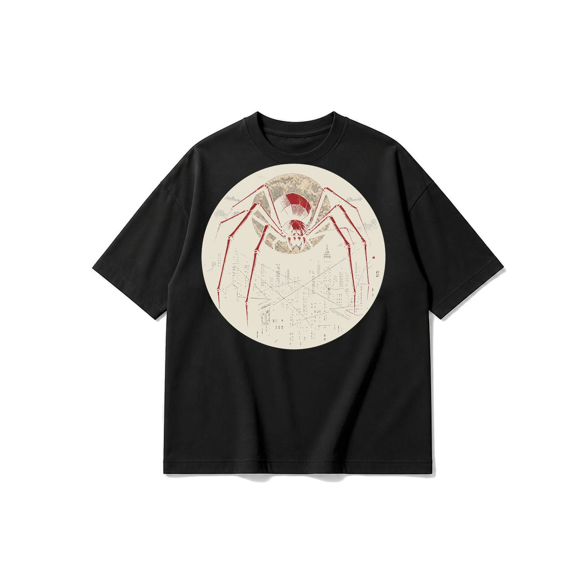 Ay ve Şehir Örümceği baskılı siyah t-shirt