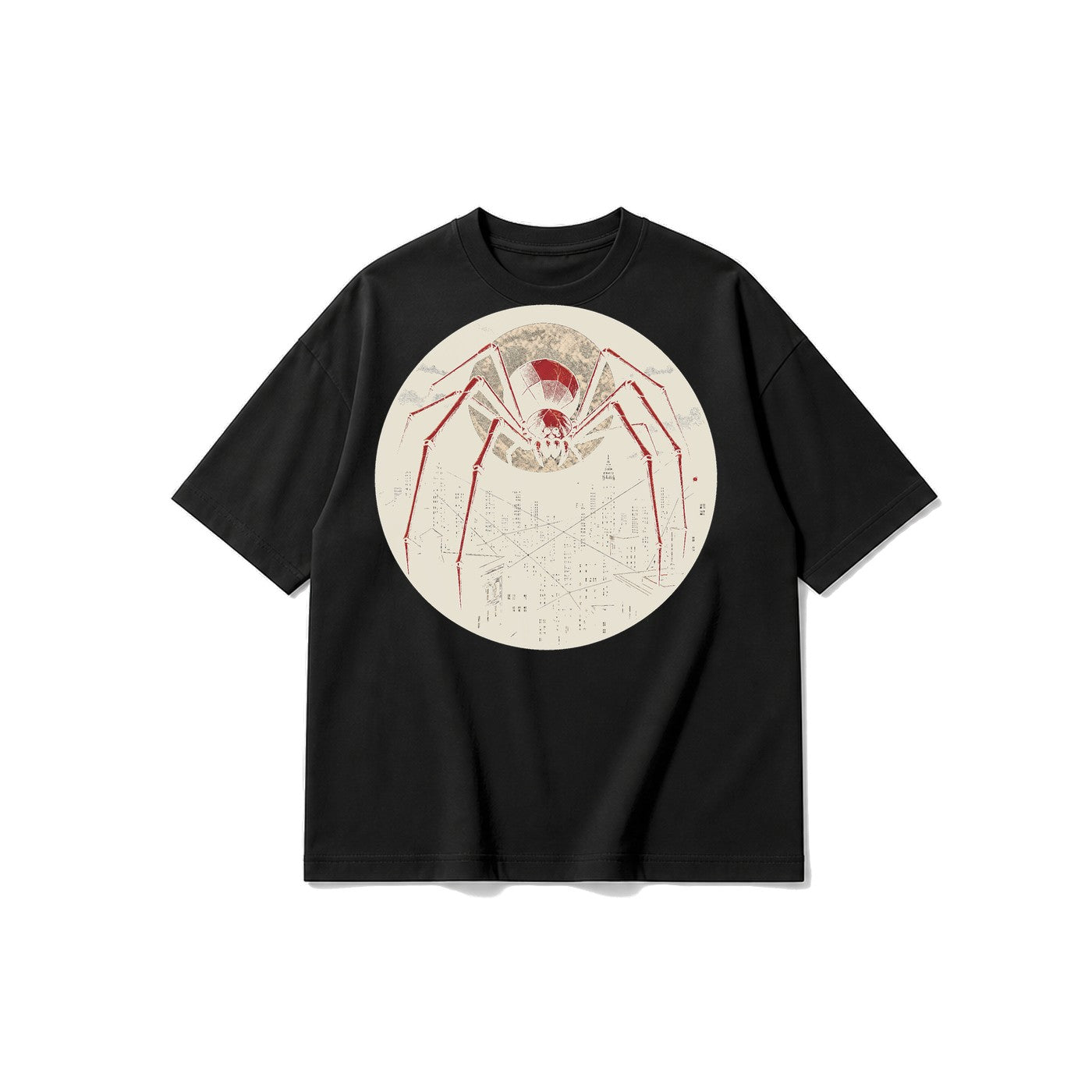 Ay ve Şehir Örümceği baskılı siyah t-shirt