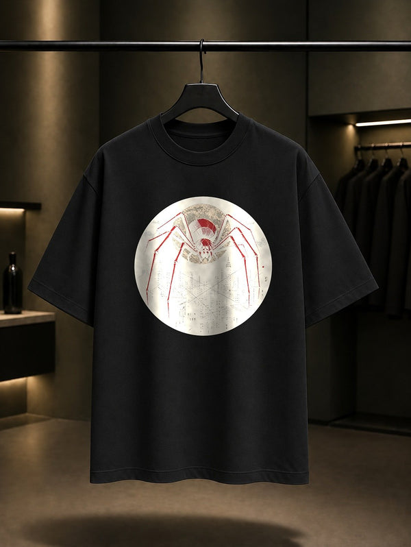 Ay ve Şehir Örümceği baskılı siyah t-shirt