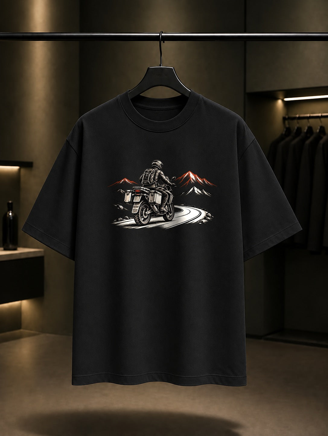 Dağ Rotası Baskılı Unisex %100 Pamuk Tişört · Motosiklet