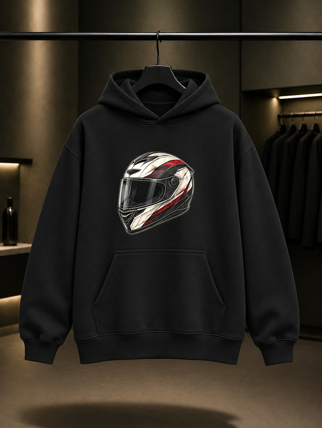 Kask Çizimi Baskılı Unisex %100 Pamuk Kapüşonlu Sweatshirt · Motosiklet