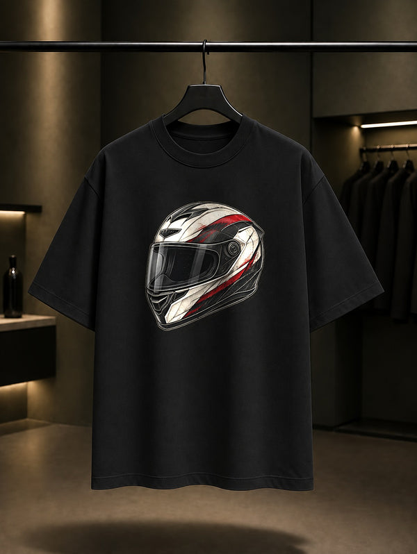 Kask Çizimi Baskılı Unisex %100 Pamuk Tişört · Motosiklet