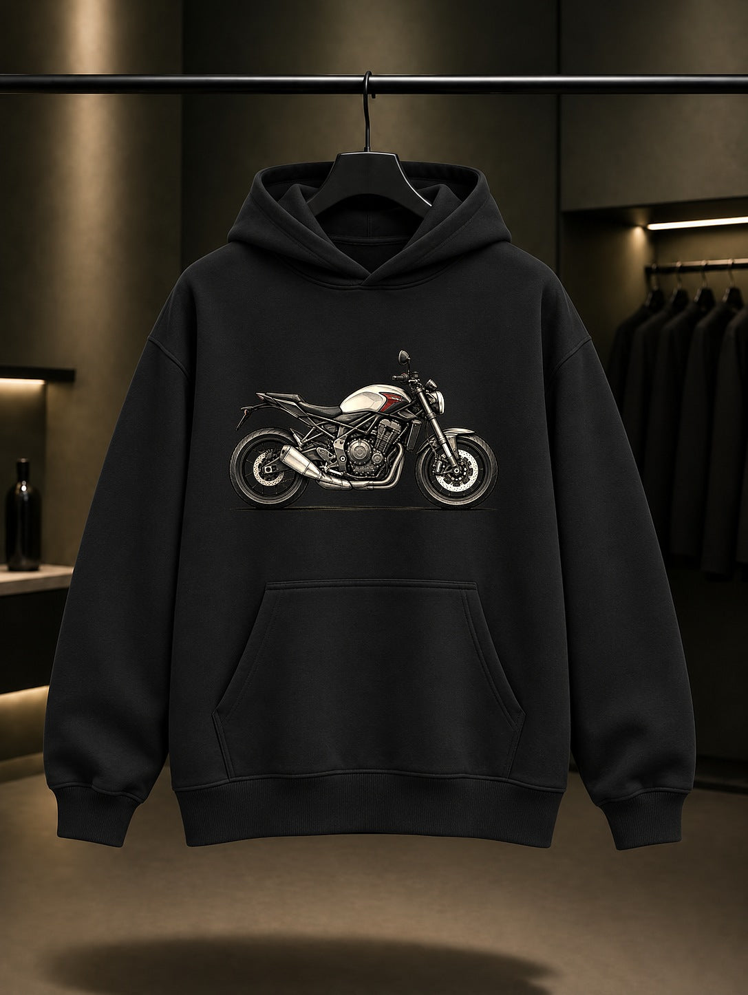 Roadster Çizimi Baskılı Unisex %100 Pamuk Kapüşonlu Sweatshirt · Motosiklet