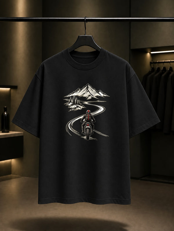 Mini Yol Baskılı Unisex %100 Pamuk Tişört · Motosiklet