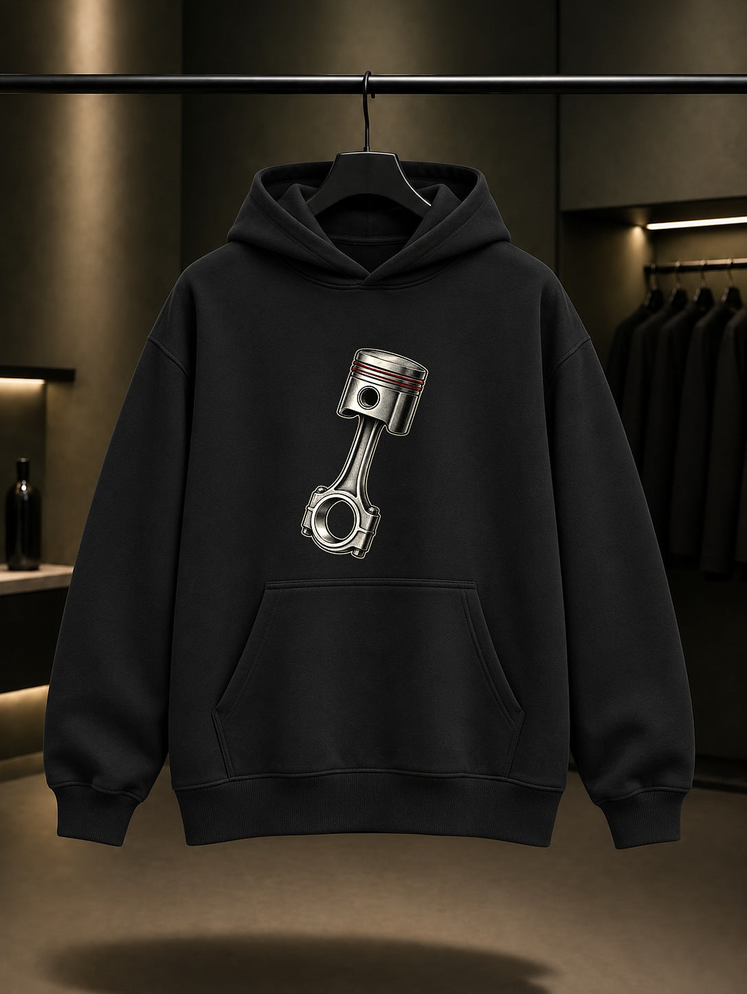 Mini Piston Baskılı Unisex %100 Pamuk Kapüşonlu Sweatshirt · Motosiklet