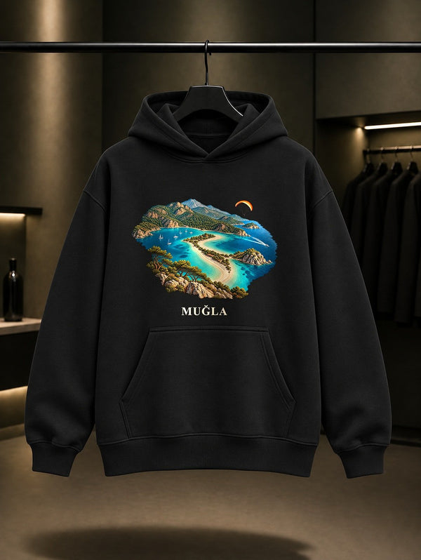 Muğla Ölüdeniz baskılı siyah kapüşonlu sweatshirt