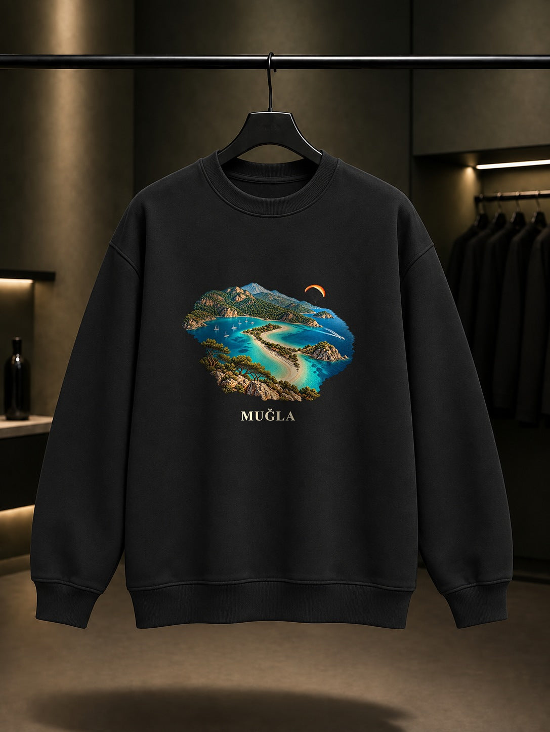 Muğla Ölüdeniz baskılı siyah sweatshirt