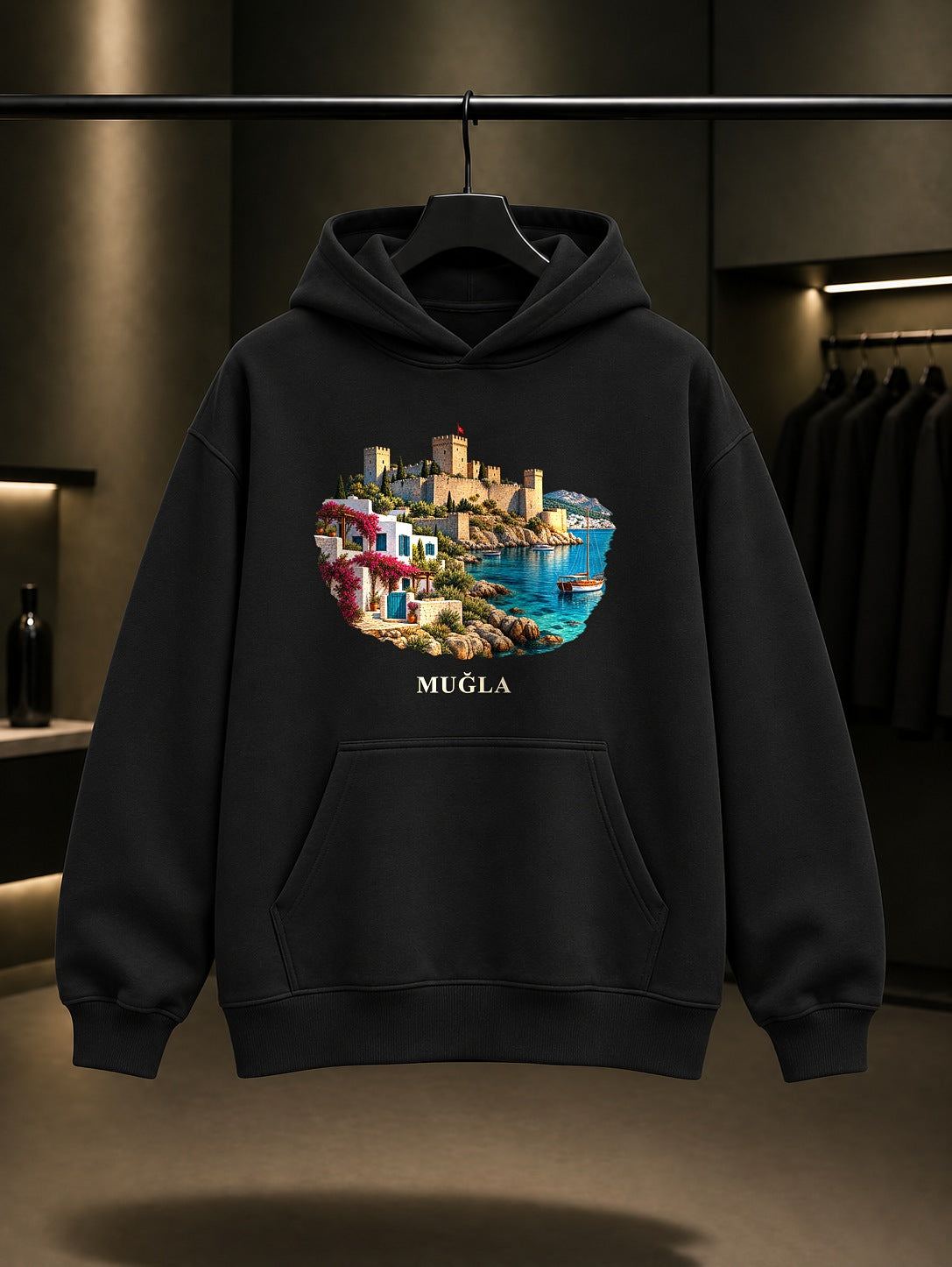 Muğla Bodrum Kalesi baskılı siyah kapüşonlu sweatshirt