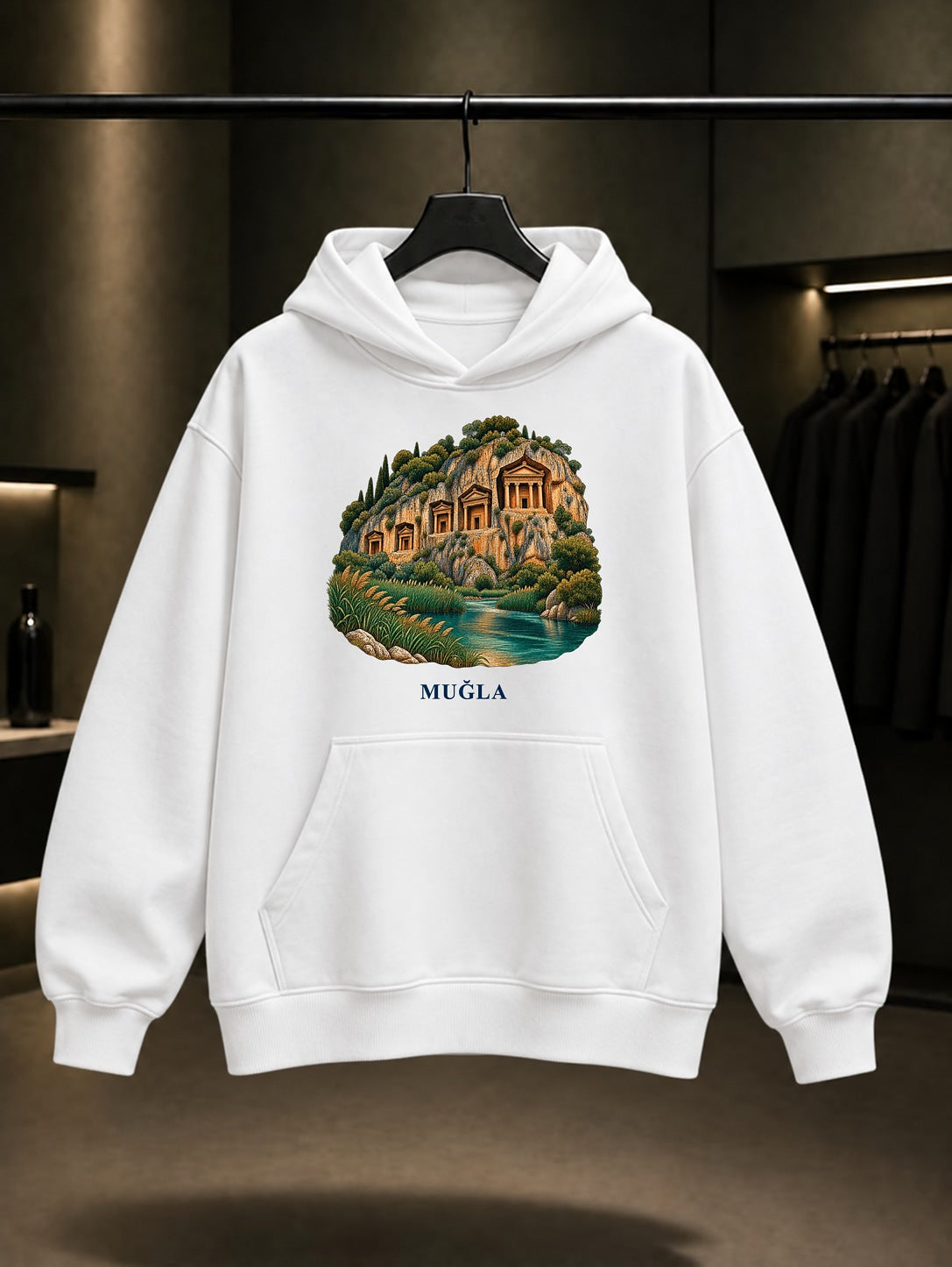 Muğla Kaunos Kaya Mezarları baskılı beyaz kapüşonlu sweatshirt