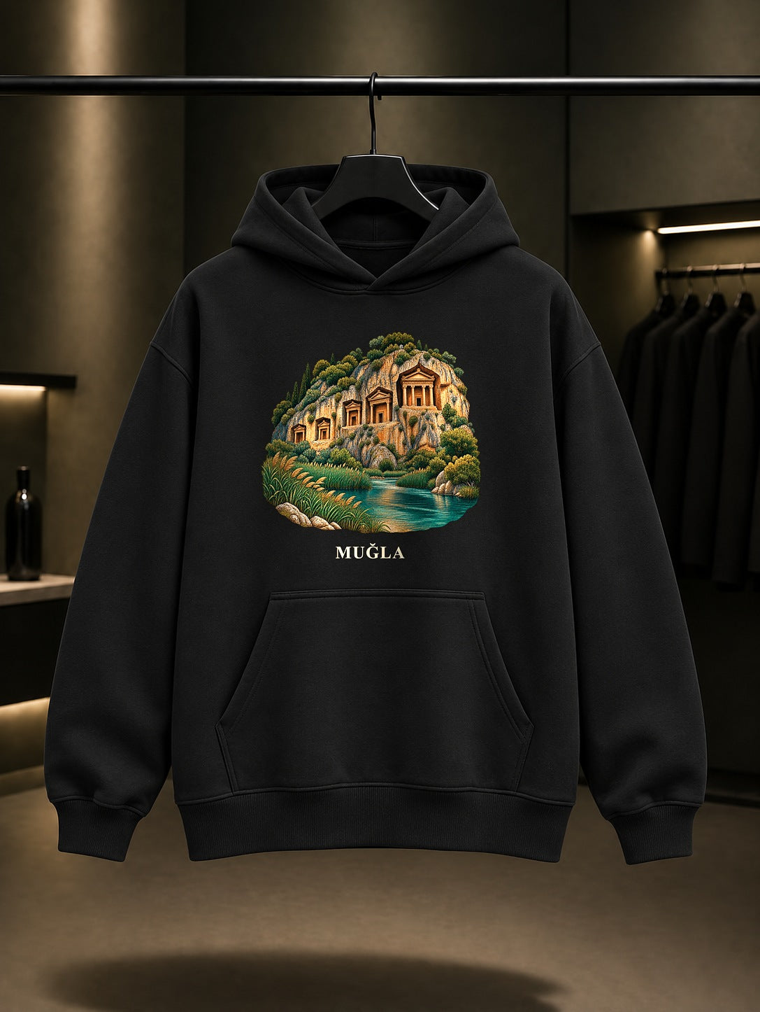 Muğla Kaunos Kaya Mezarları baskılı siyah kapüşonlu sweatshirt