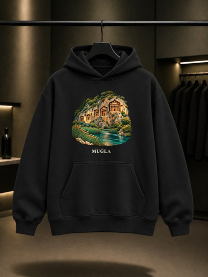 Muğla Kaunos Kaya Mezarları baskılı siyah kapüşonlu sweatshirt