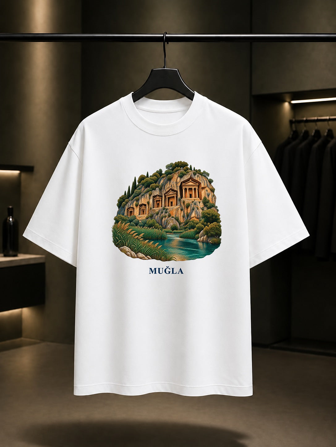 Muğla Kaunos Kaya Mezarları baskılı beyaz t-shirt