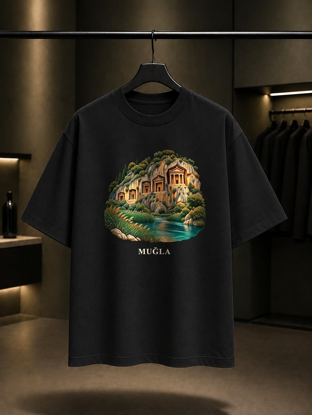 Muğla Kaunos Kaya Mezarları baskılı siyah t-shirt