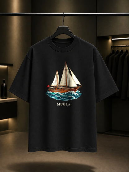 Muğla Bodrum Guleti baskılı siyah t-shirt