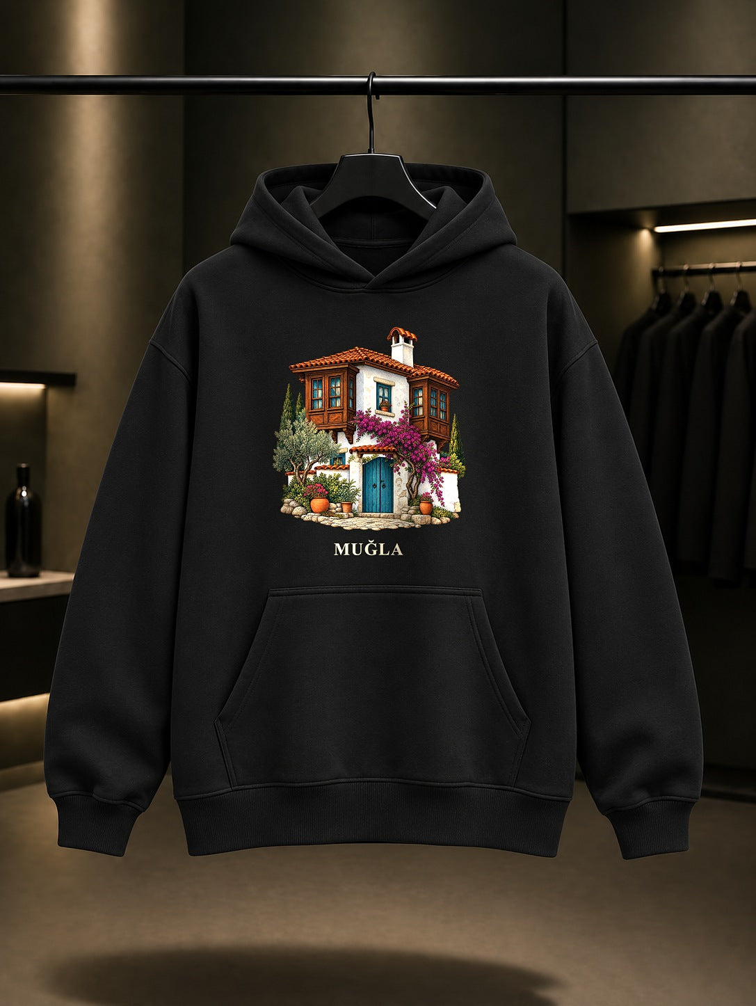 Muğla Evleri baskılı siyah kapüşonlu sweatshirt