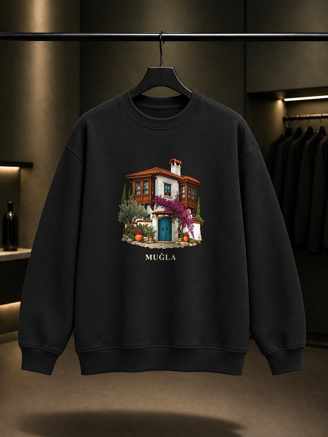 Muğla Evleri baskılı siyah sweatshirt