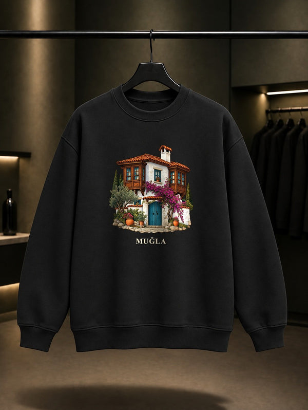 Muğla Evleri baskılı siyah sweatshirt