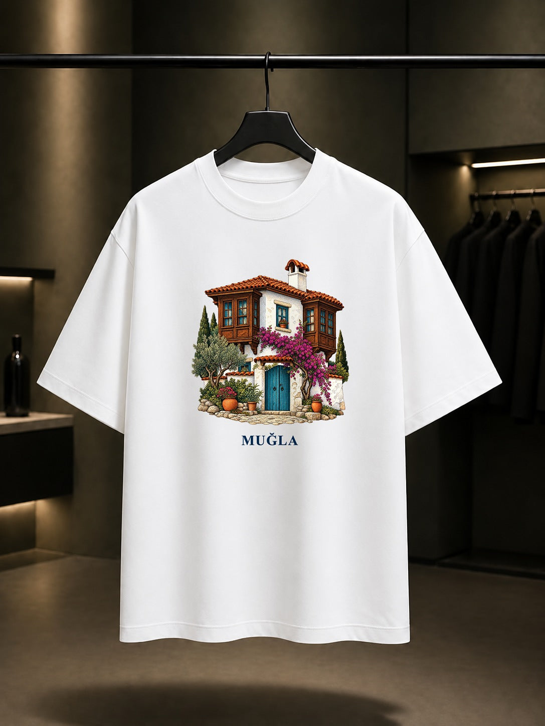 Muğla Evleri baskılı beyaz t-shirt