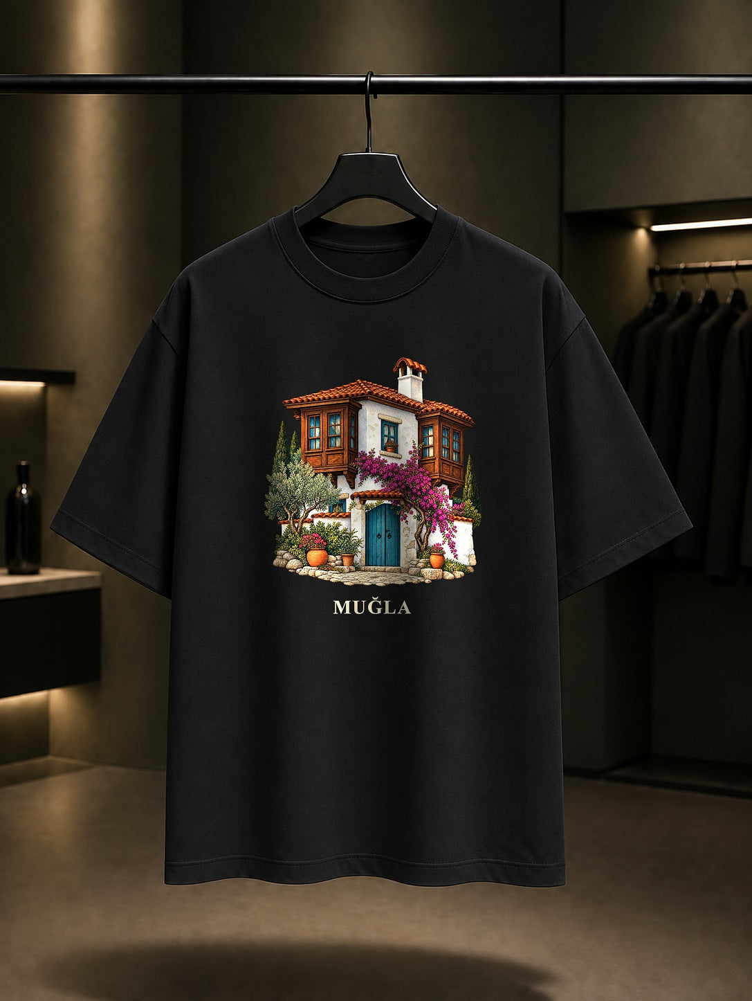 Muğla Evleri baskılı siyah t-shirt