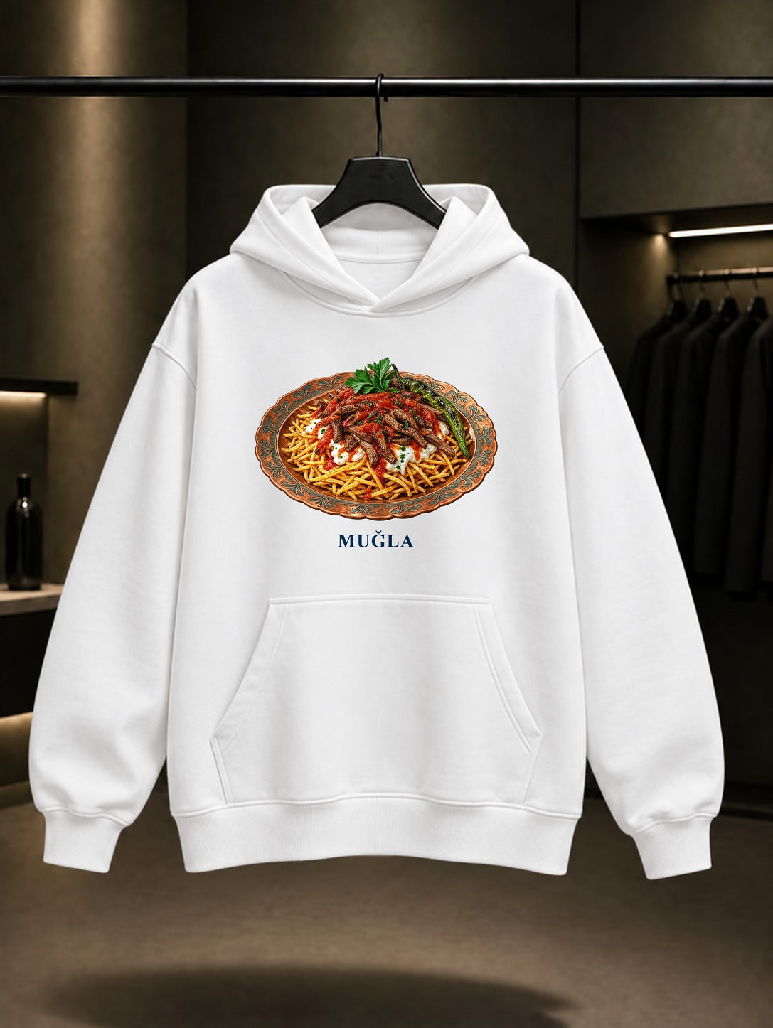 Muğla Çökertme Kebabı baskılı beyaz kapüşonlu sweatshirt