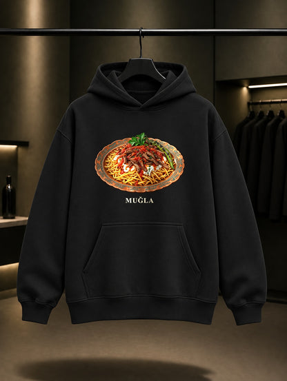 Muğla Çökertme Kebabı baskılı siyah kapüşonlu sweatshirt
