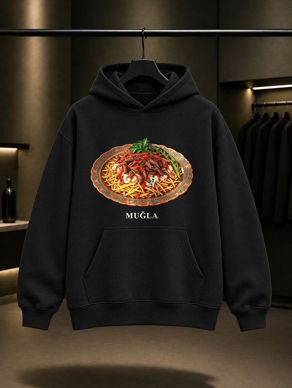 Muğla Çökertme Kebabı baskılı siyah kapüşonlu sweatshirt