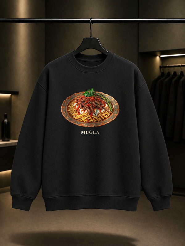 Muğla Çökertme Kebabı baskılı siyah sweatshirt
