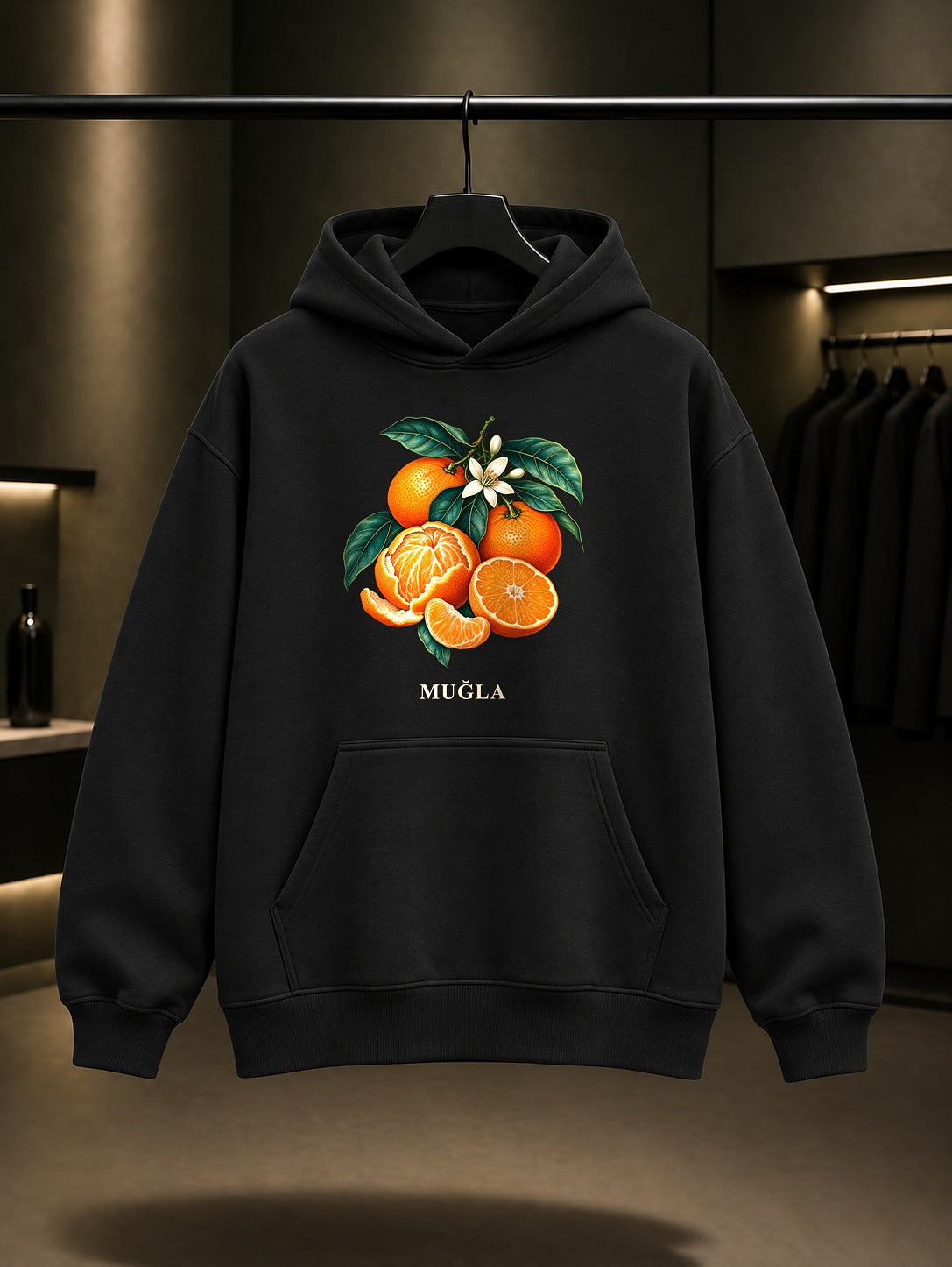 Muğla Bodrum Mandalinası baskılı siyah kapüşonlu sweatshirt