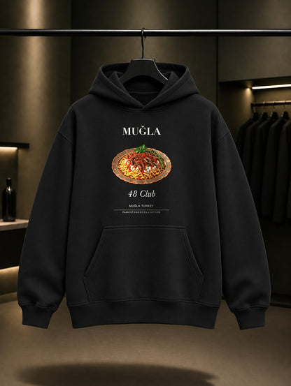Muğla Çökertme Kebabı 48 Club baskılı siyah kapüşonlu sweatshirt