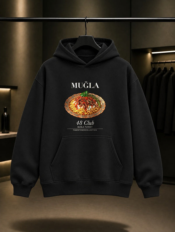Muğla Çökertme Kebabı 48 Club baskılı siyah kapüşonlu sweatshirt