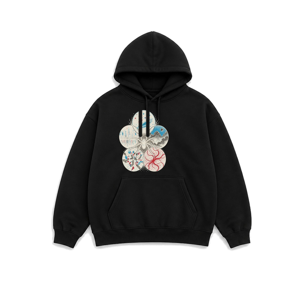Çoklu Evren Örümceği baskılı siyah kapüşonlu sweatshirt