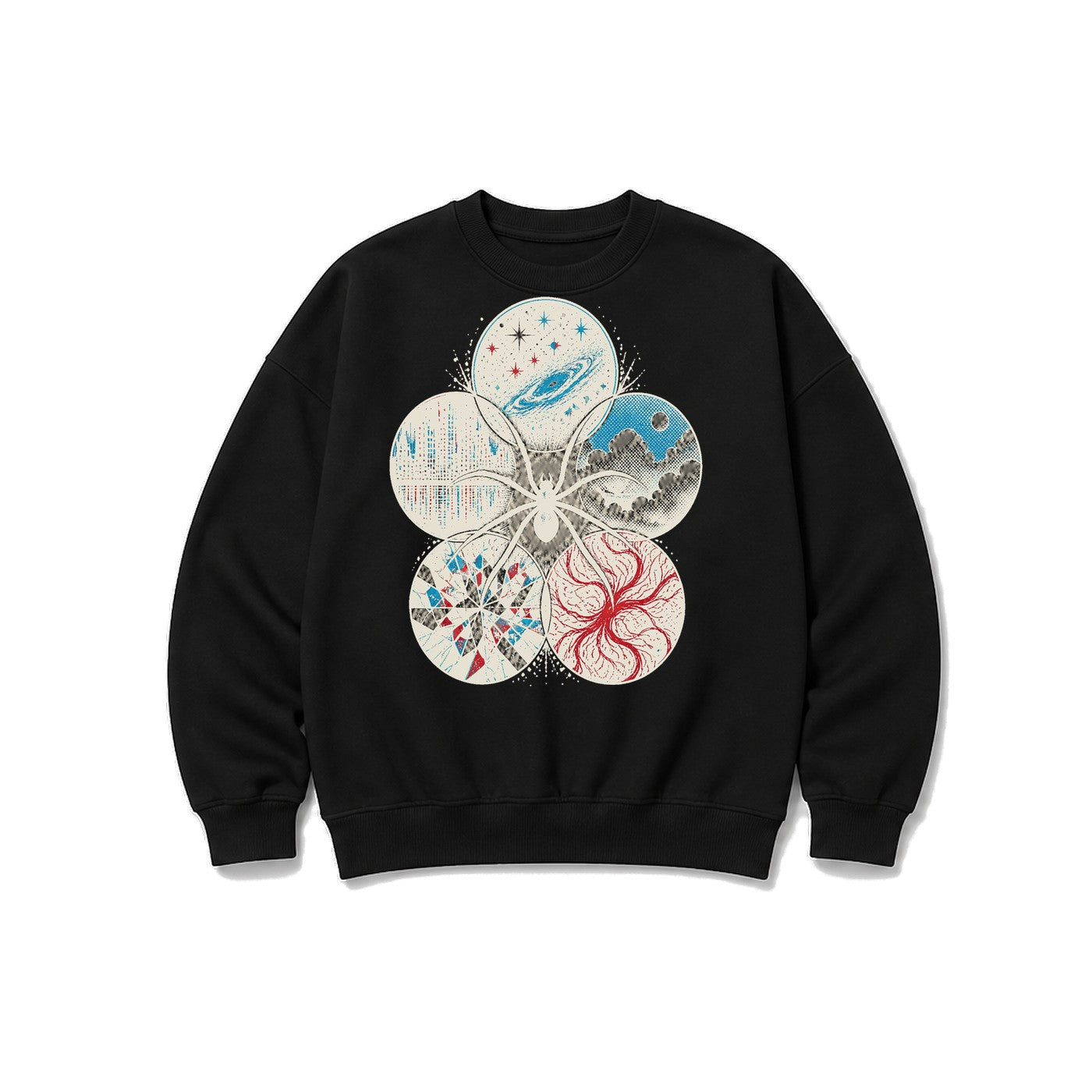 Çoklu Evren Örümceği baskılı siyah sweatshirt