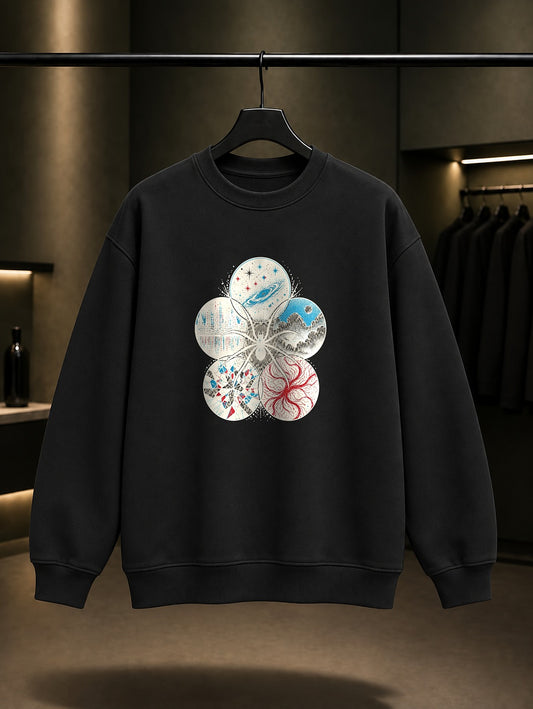 Çoklu Evren Örümceği baskılı siyah sweatshirt
