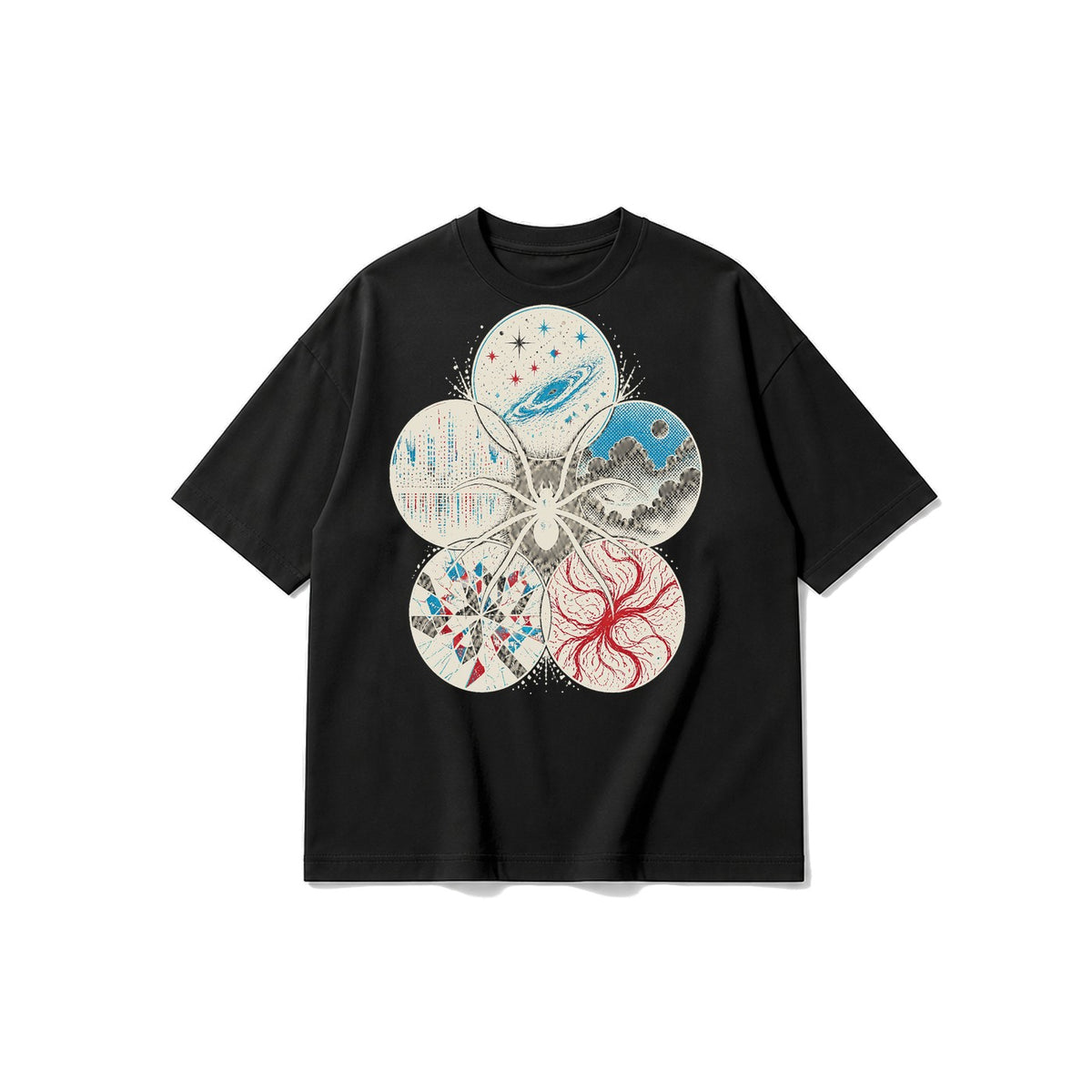 Çoklu Evren Örümceği baskılı siyah t-shirt