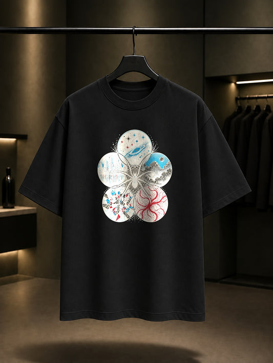 Çoklu Evren Örümceği baskılı siyah t-shirt