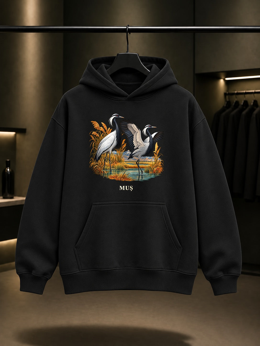 Muş Telli Turna baskılı siyah kapüşonlu sweatshirt