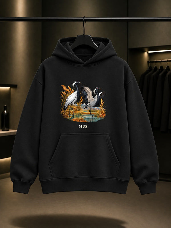 Muş Telli Turna baskılı siyah kapüşonlu sweatshirt