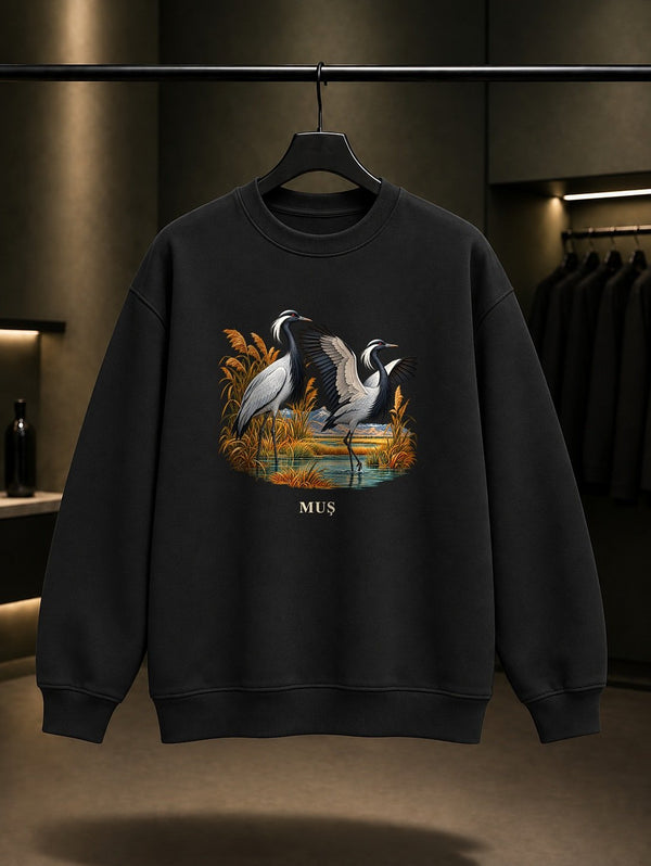 Muş Telli Turna baskılı siyah sweatshirt