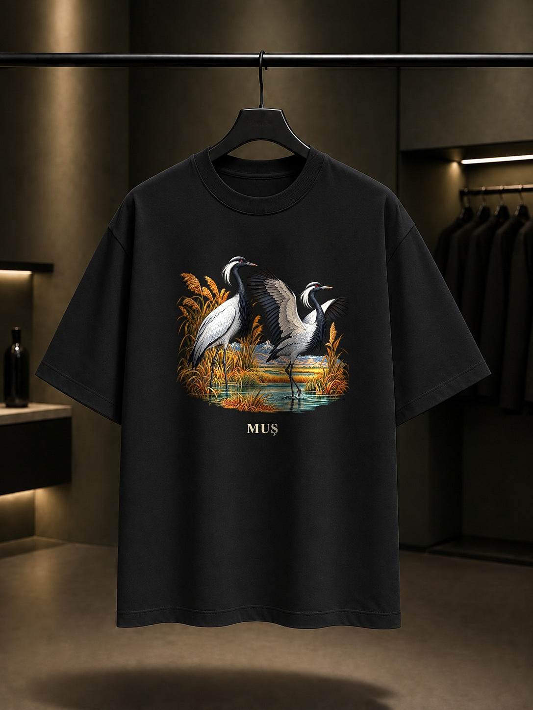 Muş Telli Turna baskılı siyah t-shirt