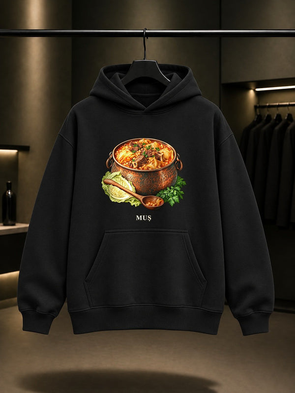 Muş Corti baskılı siyah kapüşonlu sweatshirt
