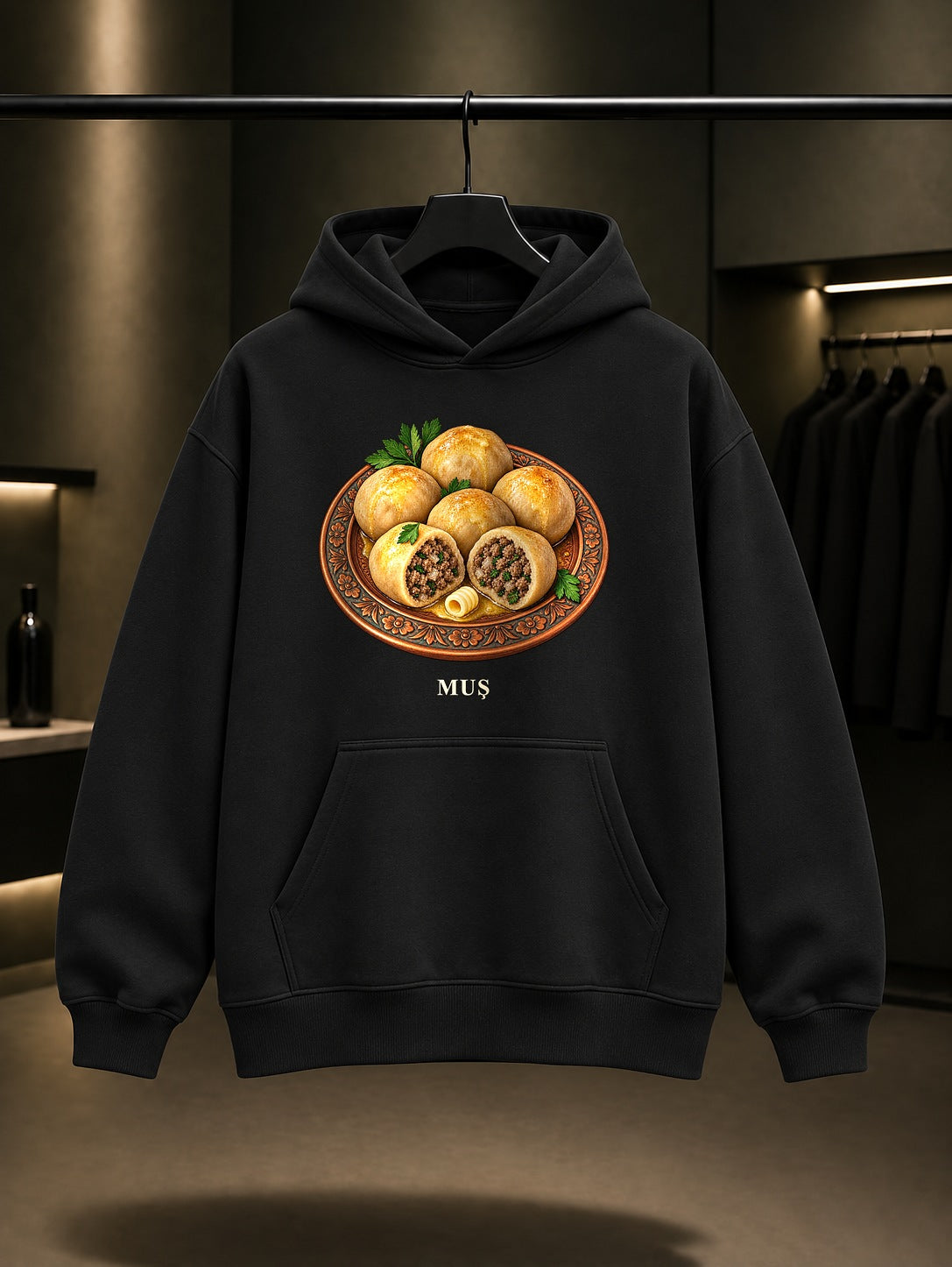 Muş Köftesi baskılı siyah kapüşonlu sweatshirt